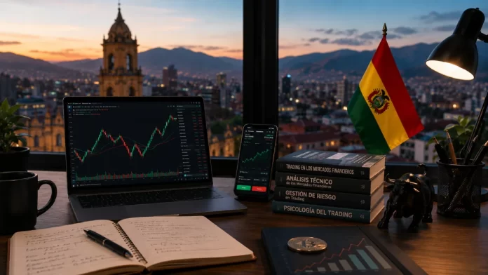 Trading en Bolivia: espacio de trabajo de un trader con gráficos de mercados financieros, computadora y herramientas de análisis para inversiones internacionales.
