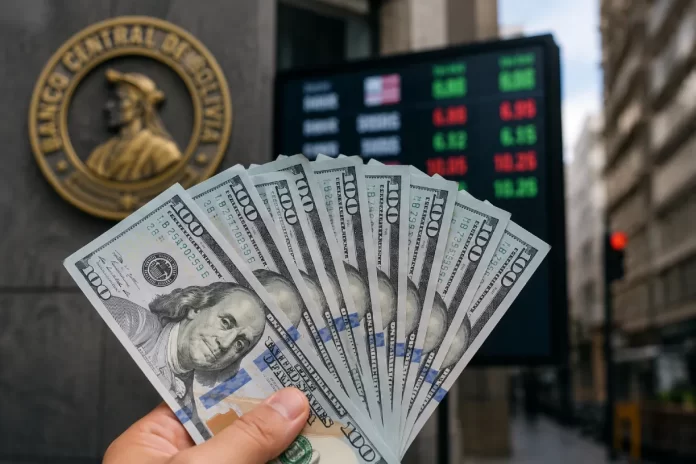 Billetes de dólar estadounidense frente a una referencia financiera del mercado cambiario en Bolivia