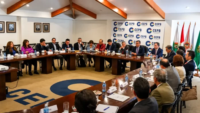 Empresarios de la Confederación de Empresarios Privados de Bolivia (CEPB) en reunión con autoridades del Gobierno para tratar la crisis por los bloqueos de carreteras en mayo de 2026