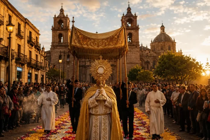Procesión del Corpus Christi en Bolivia con la Sagrada Custodia por las calles engalanadas con alfombras florales