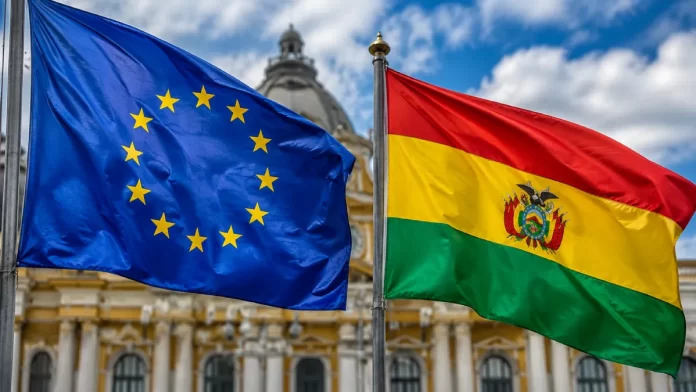 Banderas de la Unión Europea y de Bolivia representando la misión parlamentaria de julio de 2026